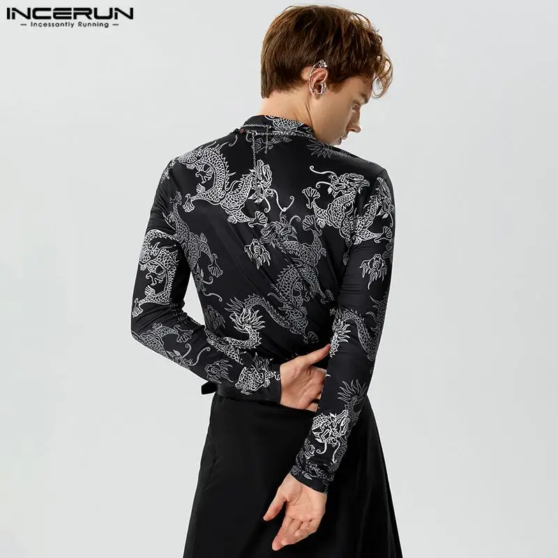 2023 Men T Shirts Vintage Printing Turtleneck Long Sleeve Casual Camisetas Streetwear Fitness Autumn Undershirt S-5XL INCERUN