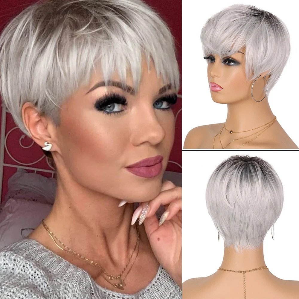 Pixie Cut Short Hair Ombre Platinum Blonde Synthetic Wig Layered Platinum Blonde Wavy Wigs for Women