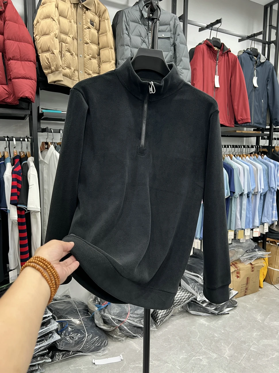 Thick Double-Sided Fleece Zip-Up Hoodie Half-Unbuttoned Long Sleeve Casual Pure Color Sweatshirt Warm Standard Fit for Men