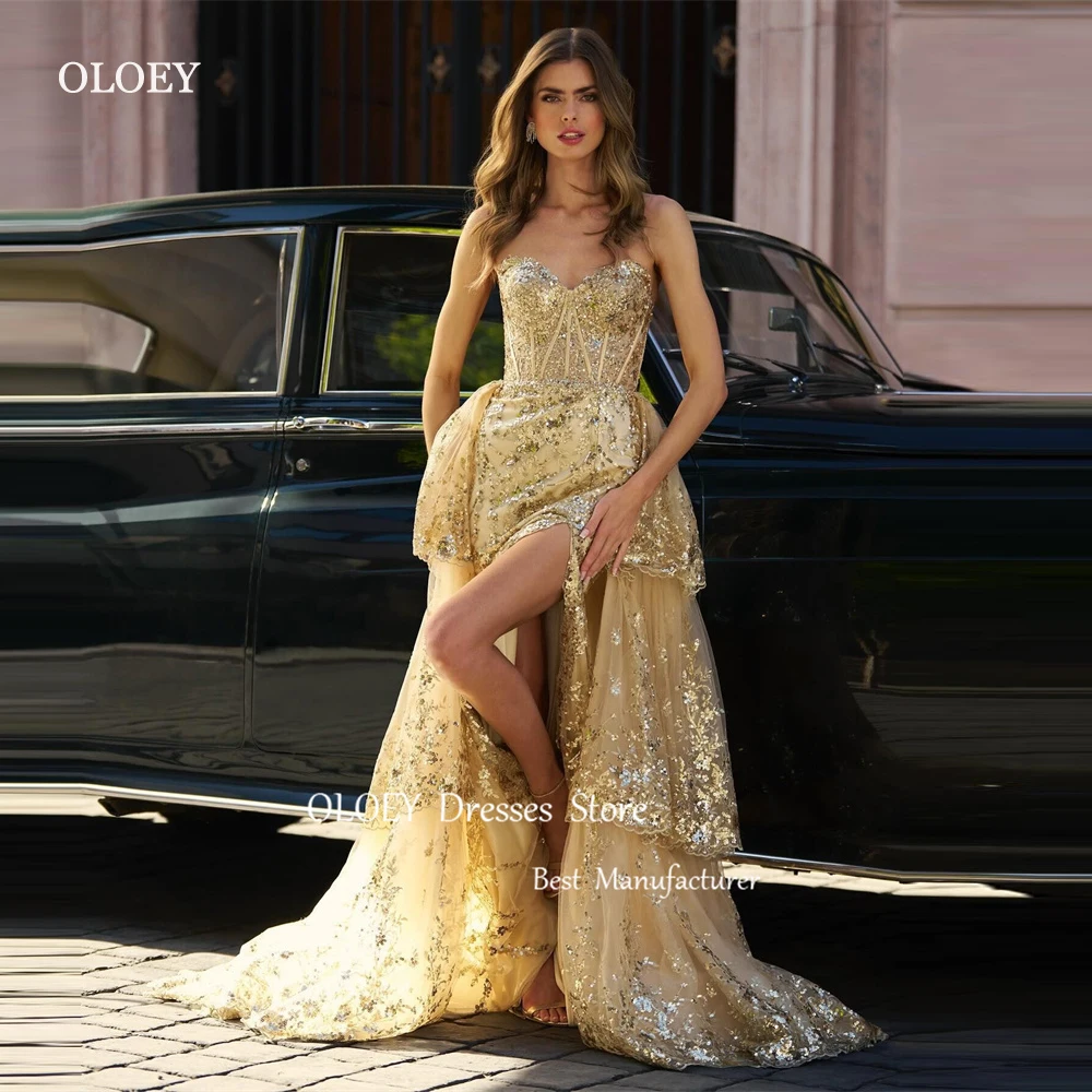 

OLOEY Sparkly Champagne Evening Dresses Women Sweeetheart Tiered Layered Floor Length Shiny Prom Gowns Formal Party Occasion