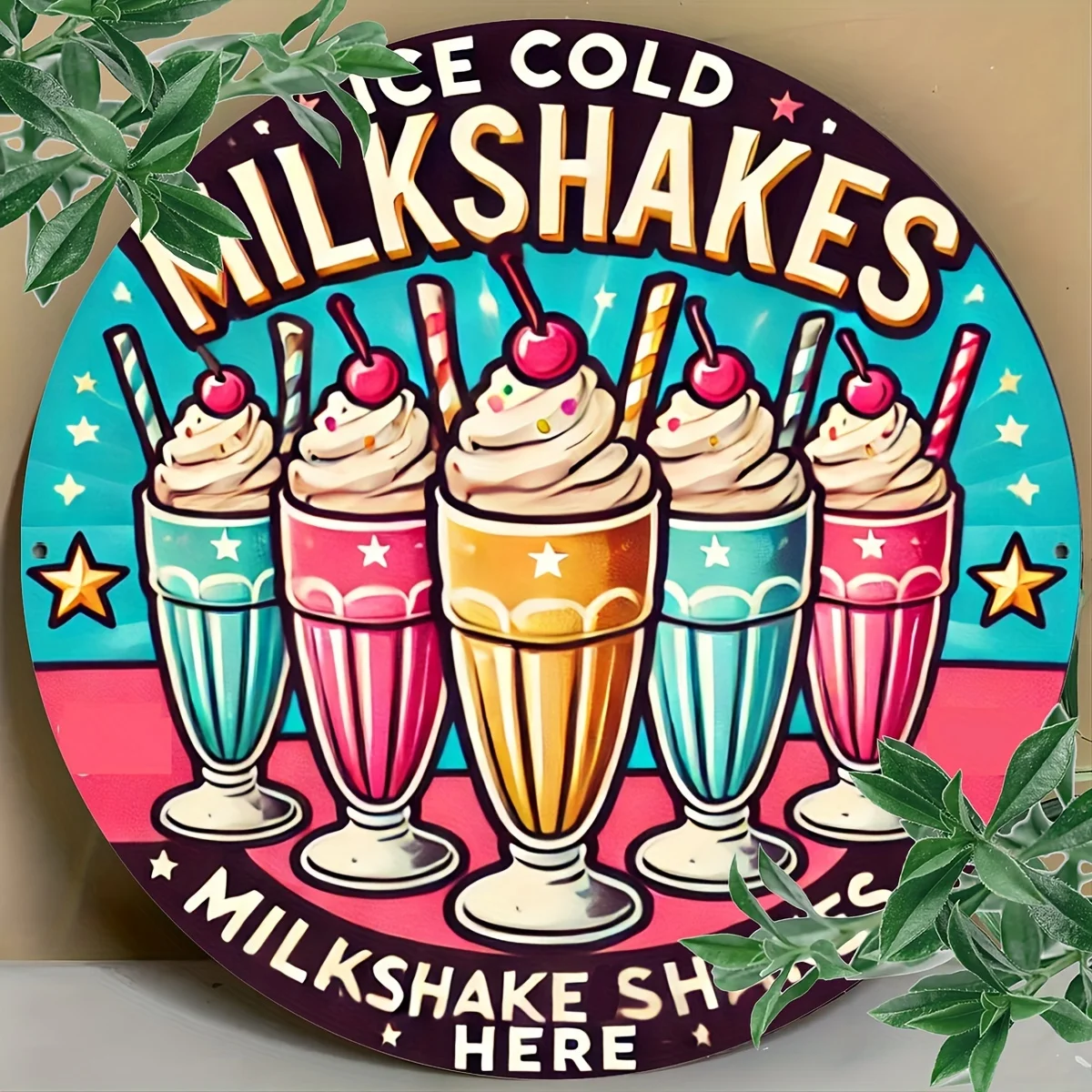 قطعة واحدة، علامة ألومنيوم معدنية مستديرة مقاس 8 × 8 بوصة (20 × 20 سم) ريترو "Ice Cold Milkshakes"، ديكور فني جداري عتيق للمنزل والبار والمطبخ - Ea