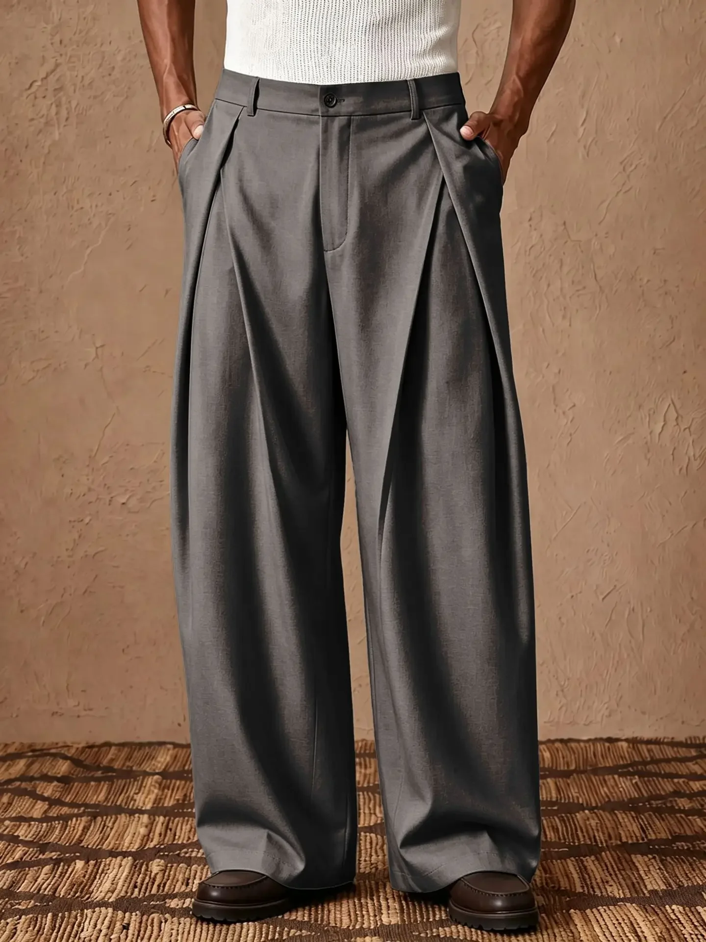 Fall/Winter 2025 Men's Elegant Italian Neapolitan High Waist Wide Leg Pants with Tucks and Buttons Business Casual Style