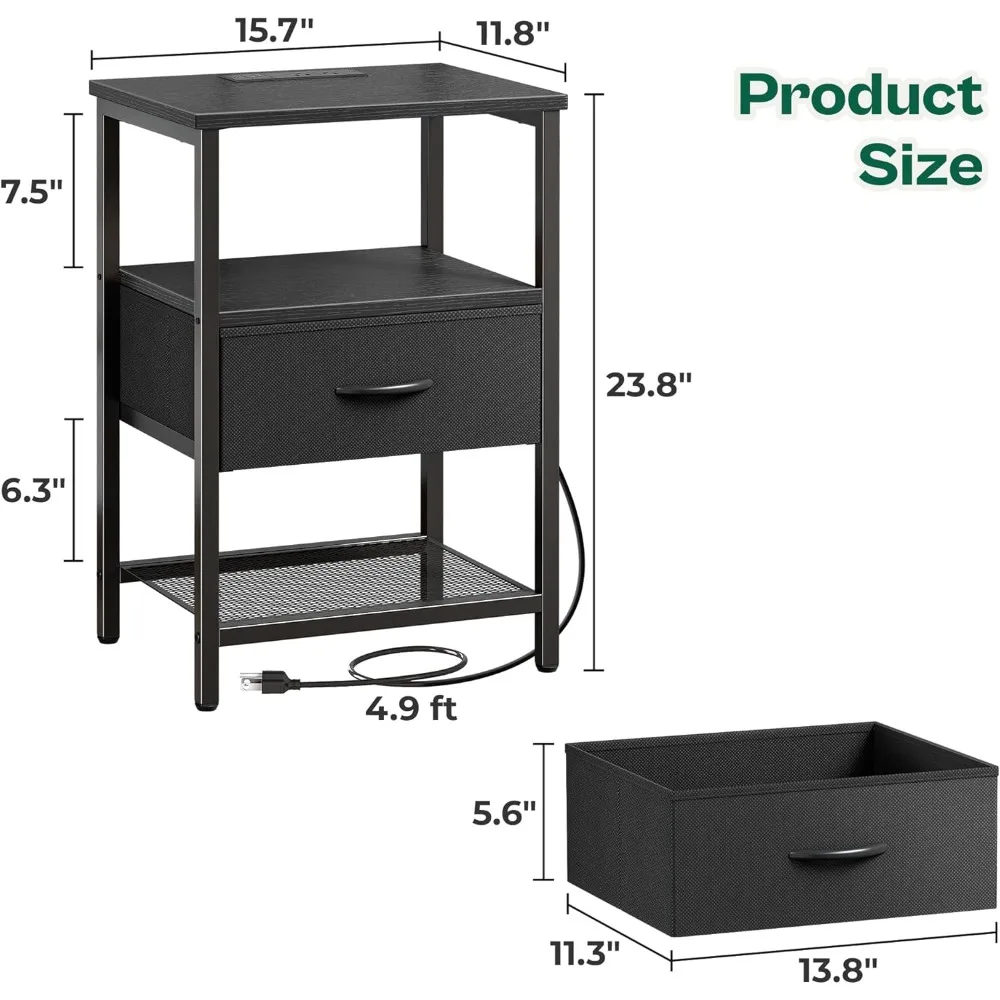 LED Nightstand with Motion Sensor Light and Charging Station, Night Stand Nightlight, Bedside Table Fabric Drawer, End Storage