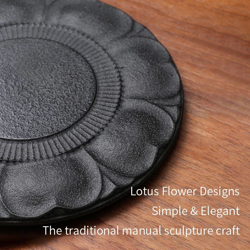 Black Basalt Coasters Premium Hand Carved Lotus Pattern Heat Resistant Oriental Zen Home Office Tea Ceremony Luxury Gift 20cm