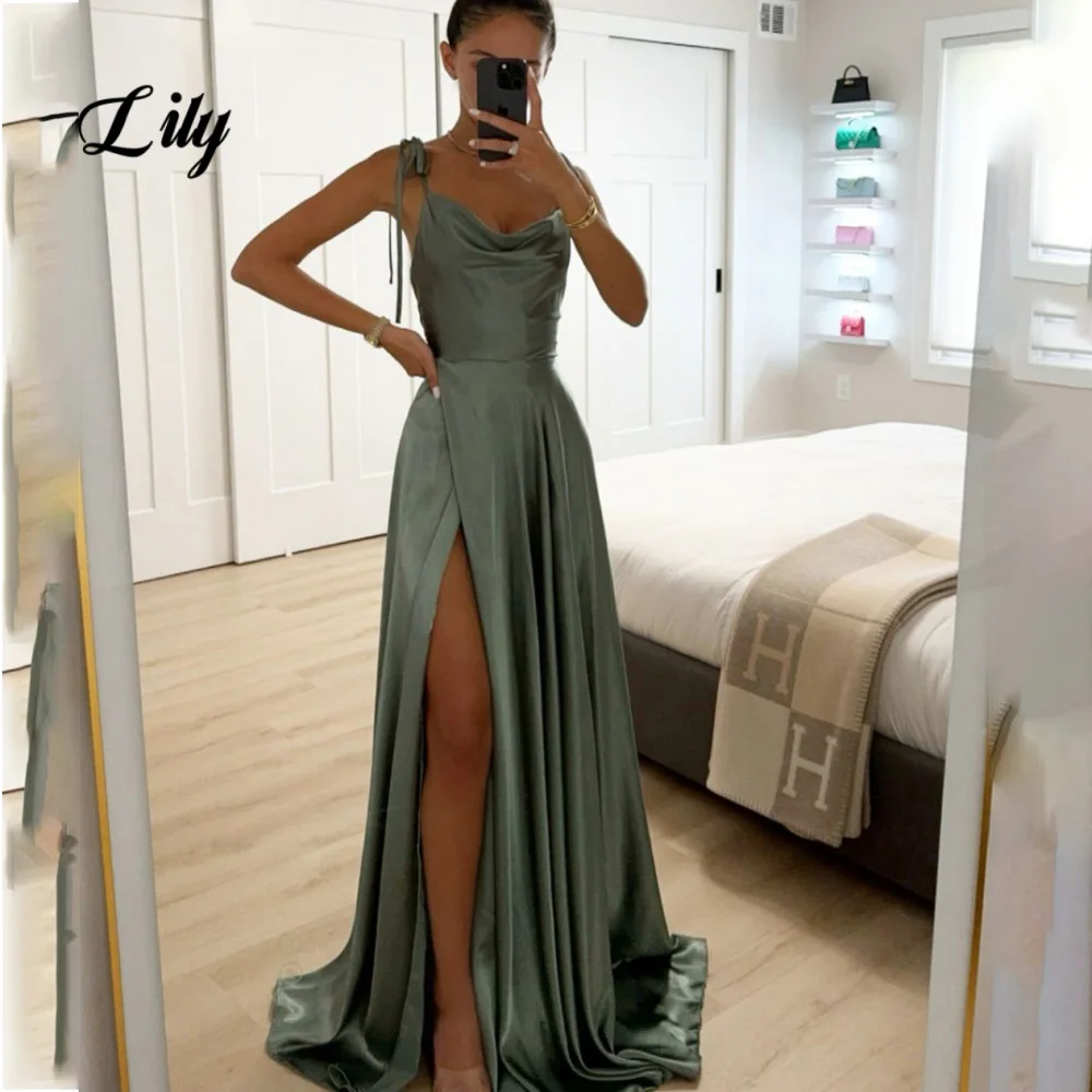 

Lily Green Sexy Prom Dress V-Neck Spaghetti Straps Prom Gown Satin Side High Split Formal Gown for Woman robe de bal Customized