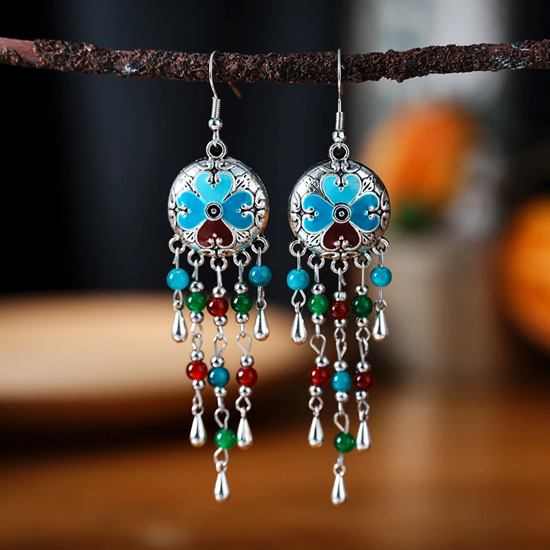 Vintage Ethnic Style Metal Tassel Water Drop Earrings for Women Round Drop Glaze Crystal Beads Handmade Earring Female Jewelry