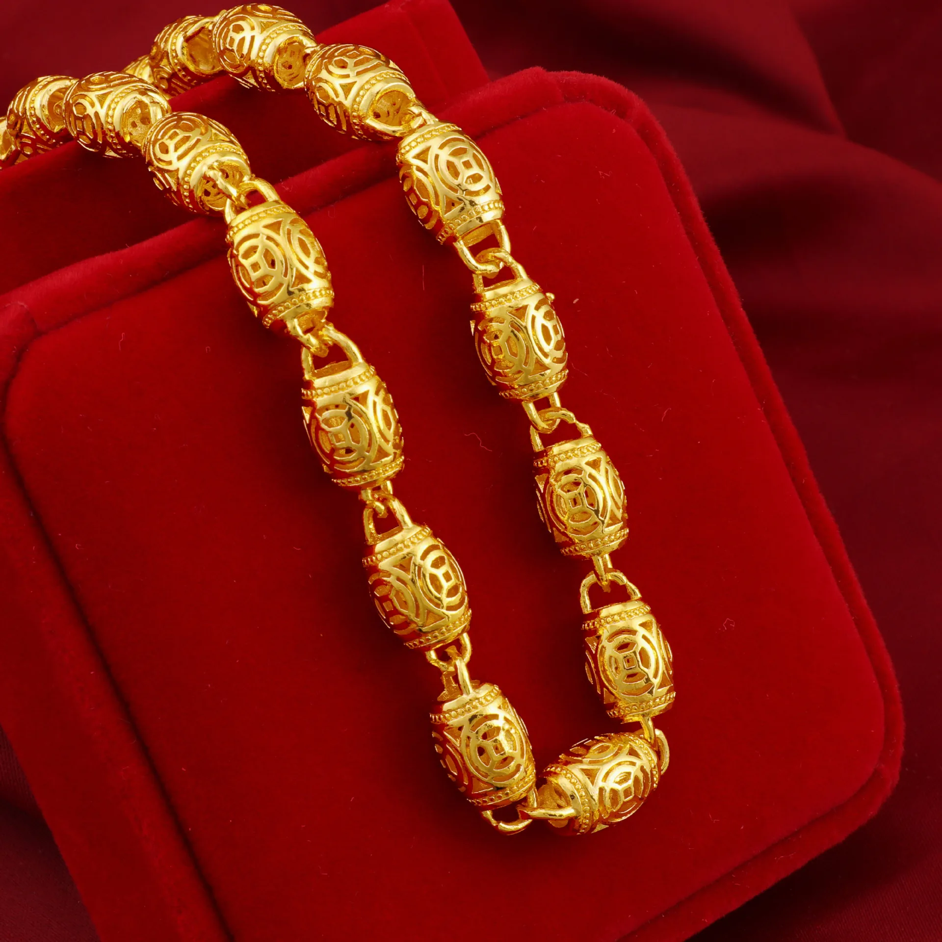 Luxury 24K 9999 Pure Gold real gold Cylindrical smooth hollow necklace men's hollow necklace