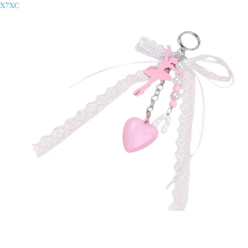 

X7XC Ballet Girl Keychain Bag Charm Lace Bows Car Keyrings Ornaments Heart Keychain