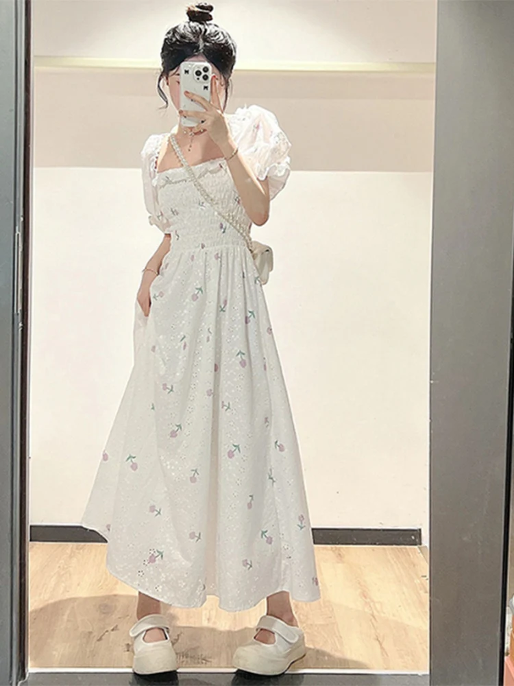 

Летнее женское платье Sweet First Love белого цвета, длинное, приталенное, с квадратным вырезом, А-силуэта, с завышенной талией, для повседневной носки