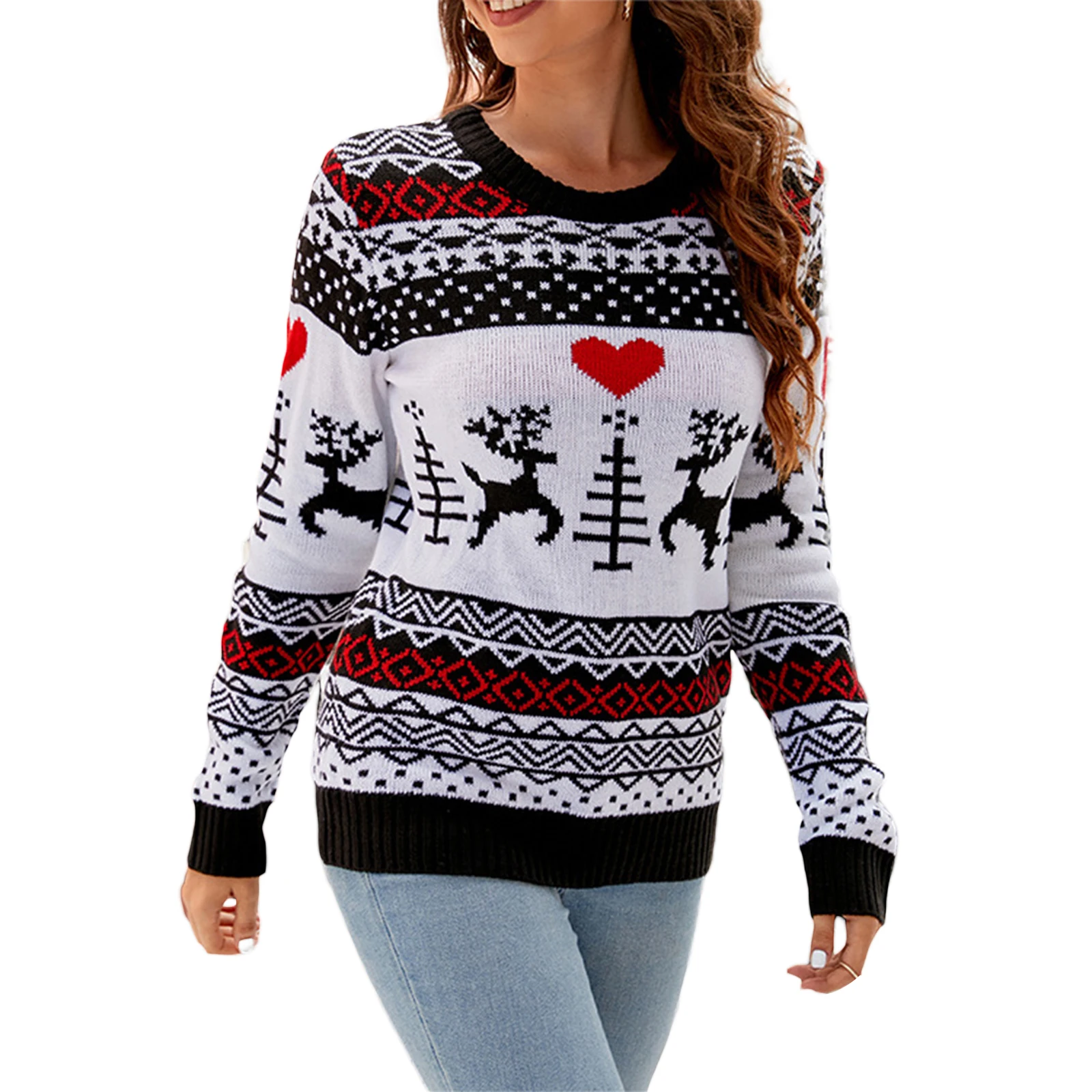 Women Cute Crew Neck Sweater Christmas Print Long Sleeve Pullover Tops Xmas Knitwear for Fall Warm Streetwear