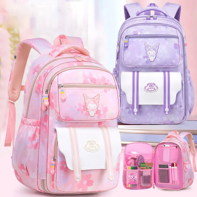 

New Kuromi Sanrios Child Bag Student Kawaii Cartoon High Capacity Girl Reduce Burden Spine Protector Shoulders Backpack