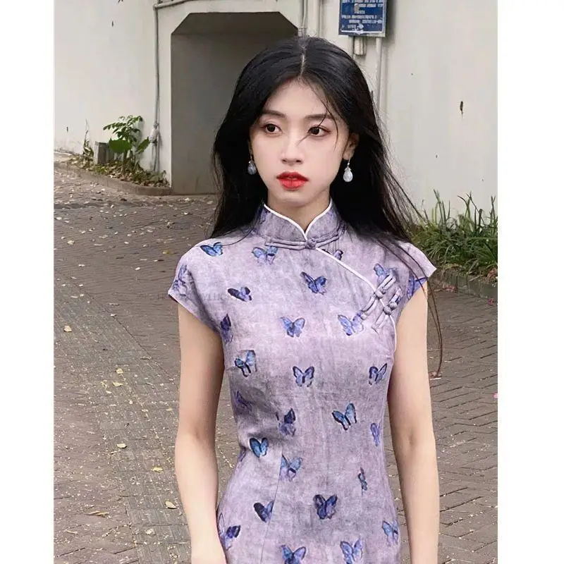 Chinese Vintage Lady Qipao Chinese Verbeterde Qipao Nationale Stijl Chinese Hanfu Jurk Cheongsam Vestido Dagelijkse Paarse Qipao Jurk