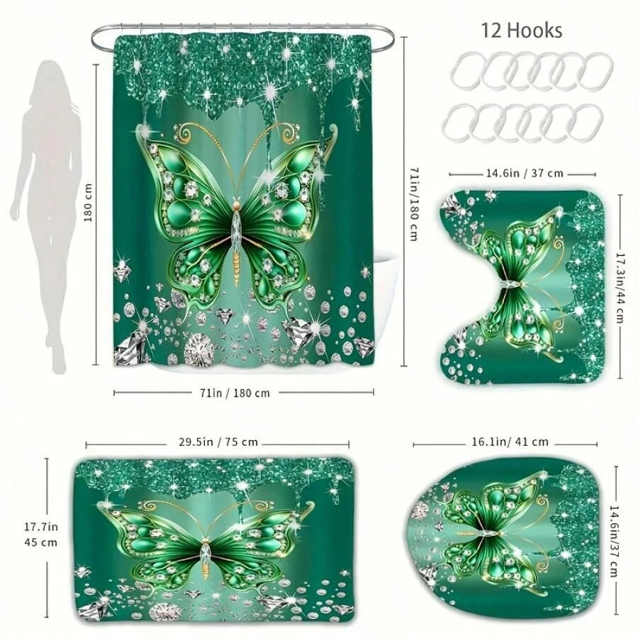 4pcs Green Diamond Butterfly Shower Curtain Set, Bathroom Sparkling And Spectacular Shower Curtain, Waterproof Shower Curtain