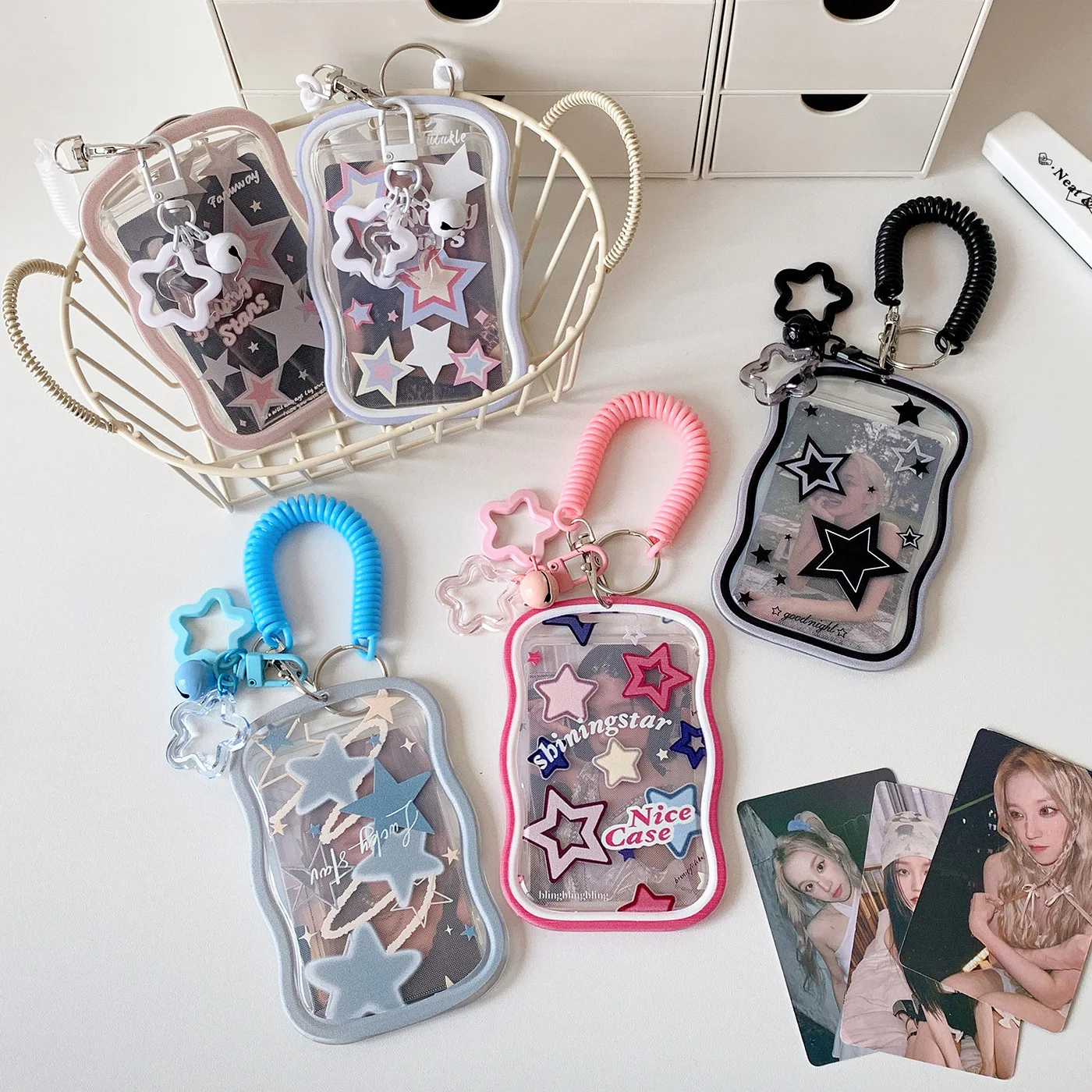 

Ins Colorful Star Card Sleeve Student Meal Card Bus ID Card Protective Cover With Spring Rope Idol Photocard Holder Keychain