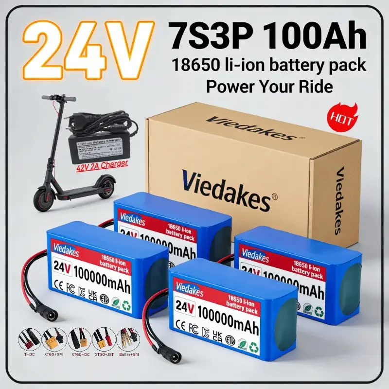 

VIEDAKES 7S3P 24V 100Ah Akku 18650 Battery With Charger Customizable Plug For Electric Scooter Fast Charging High Capacity