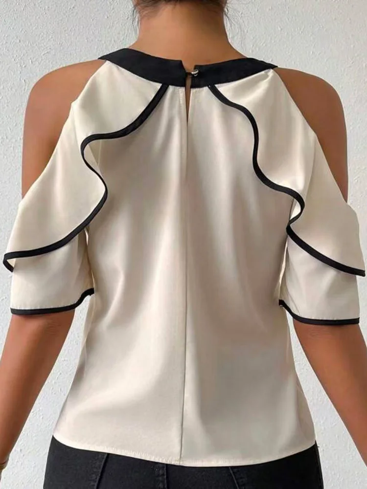 Hollow Out Sexy Lace Blouse Elegant Butterfly Sleeve Solid Blouse Shirt Office Lady O Neck Ruffles Patchwork Blusas Tops S-5XL
