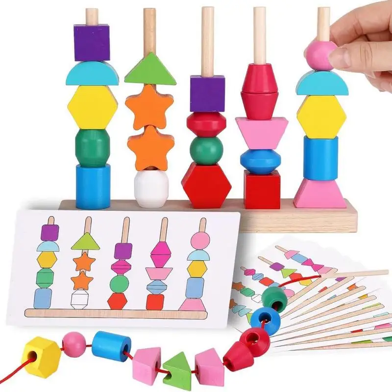 

Montessori Wooden Beads Toy Stacking Blocks & Lacing Beads & Matching Shape Stacker Learning Toys Holiday Gifts for kids