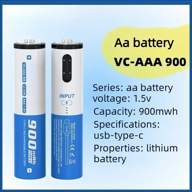 1.5v AAA 900mwh Lithium-ion Rechargeable Battery USB Type-C Charging for Headset Children's Toys Camera Remote Control