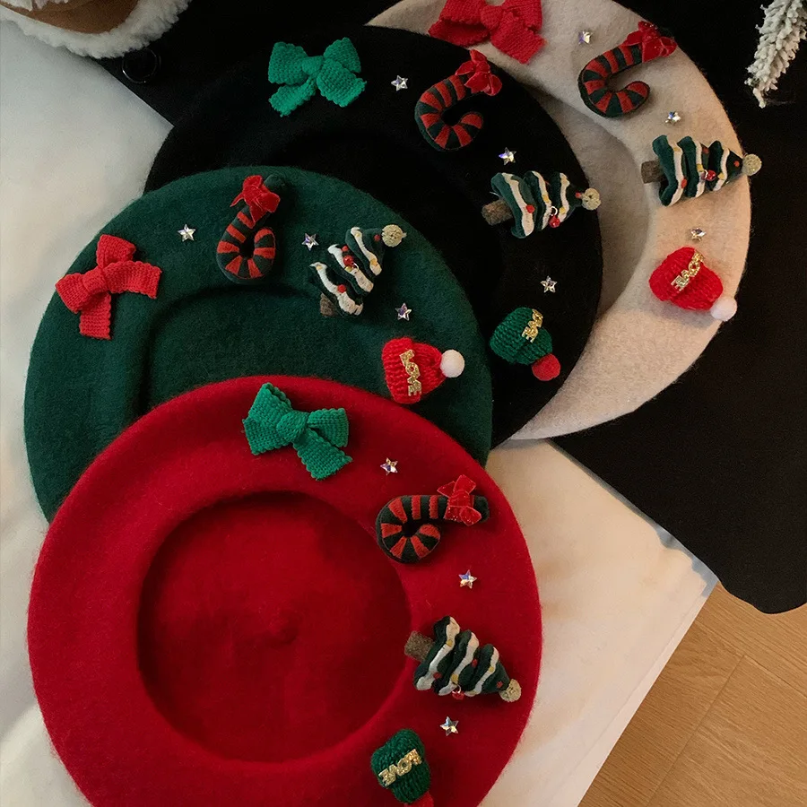 Christmas Beret Vintage Red Hat Female Winter butterfly beret Warm берет Student Cap Bud Painter Hats for Women gorros navideño