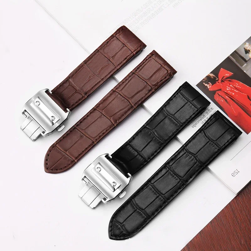 

High Quality Genuine Leather Watch Strap For Cartier Santos Watchband Santos 100 Men's And Women Folding Buckle strap 20mm 23mm