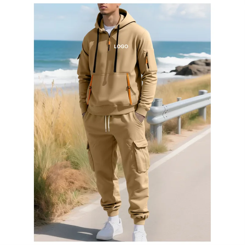 남성용 플리스 안감 후드 집업 멀티 포켓 카하트 작업복 세트 신상 가을/겨울 편안한 후드티 맞춤 로고