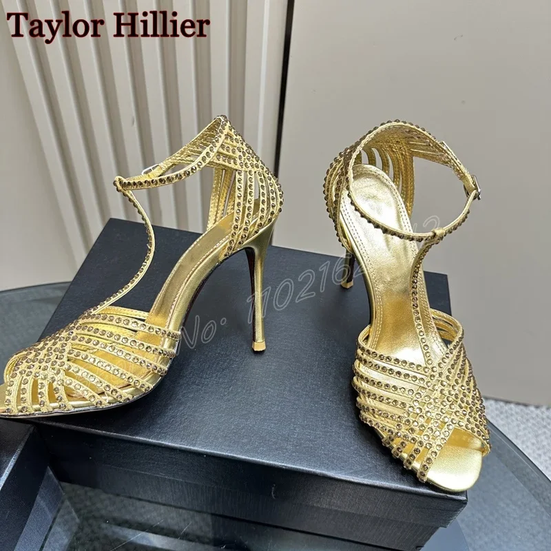

Summer Gold Rhinestone Open Toe Sandals Round Head Stiletto Evening Shoes Women'S Fashion Luxury Party Banquet Dress High Heels