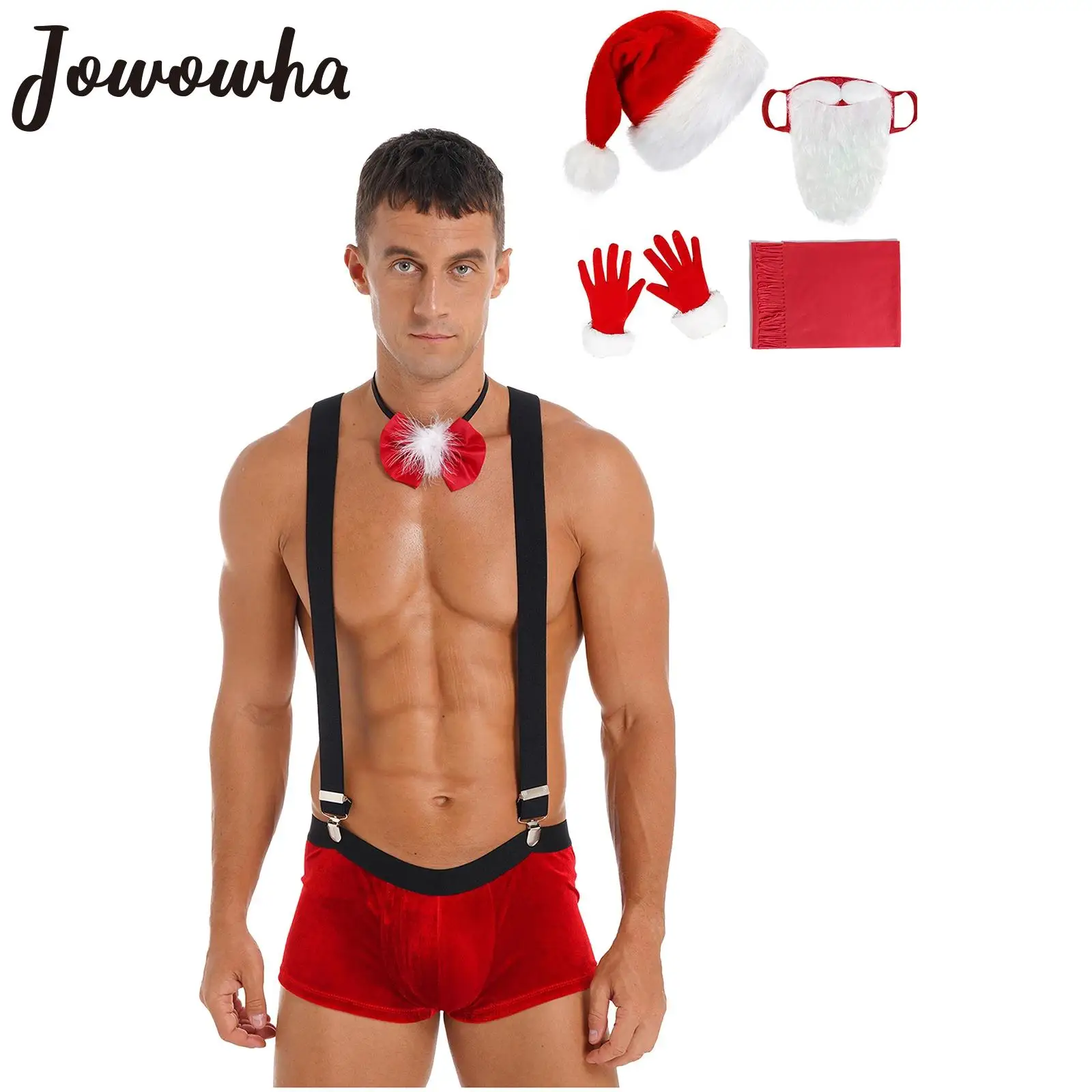 Men Christmas Cosplay Costume Low Rise Bulge Pouch Boxer Shorts with Suspenders Bow Tie Hat Beard Gloves Carnival Party Clubwear