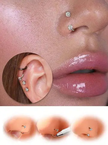 6/2pcs Horseshoe Nose Rings With L-Shape Nose Stud, Stainless Steel Rianbow CZ Nose Ring,, Lip Eyebrow Helix Ear Piercing