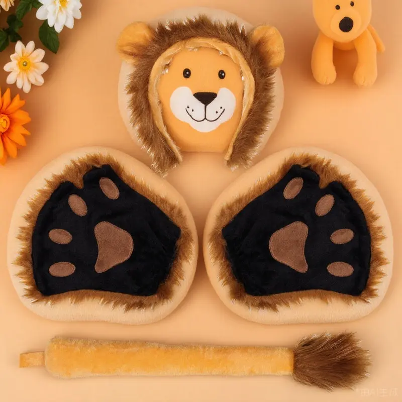 

Cosplay Props Kit Halloween Animal Costume Gloves Stuffed Ears Headband Tail Lion Role Play Accessories Party Gift Set