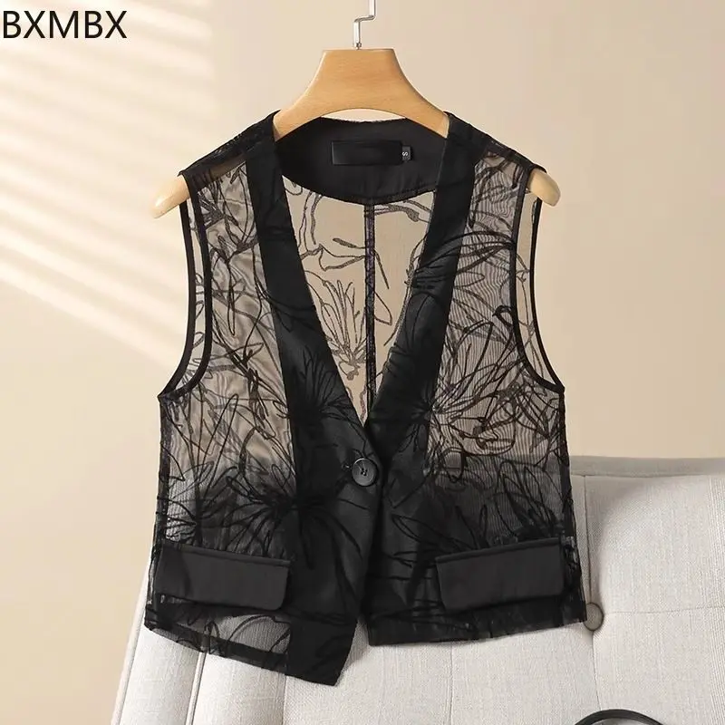 

Premium flocking thin mesh vest short2025 summer tide asymmetrical vest vest air-conditioned shirt for women