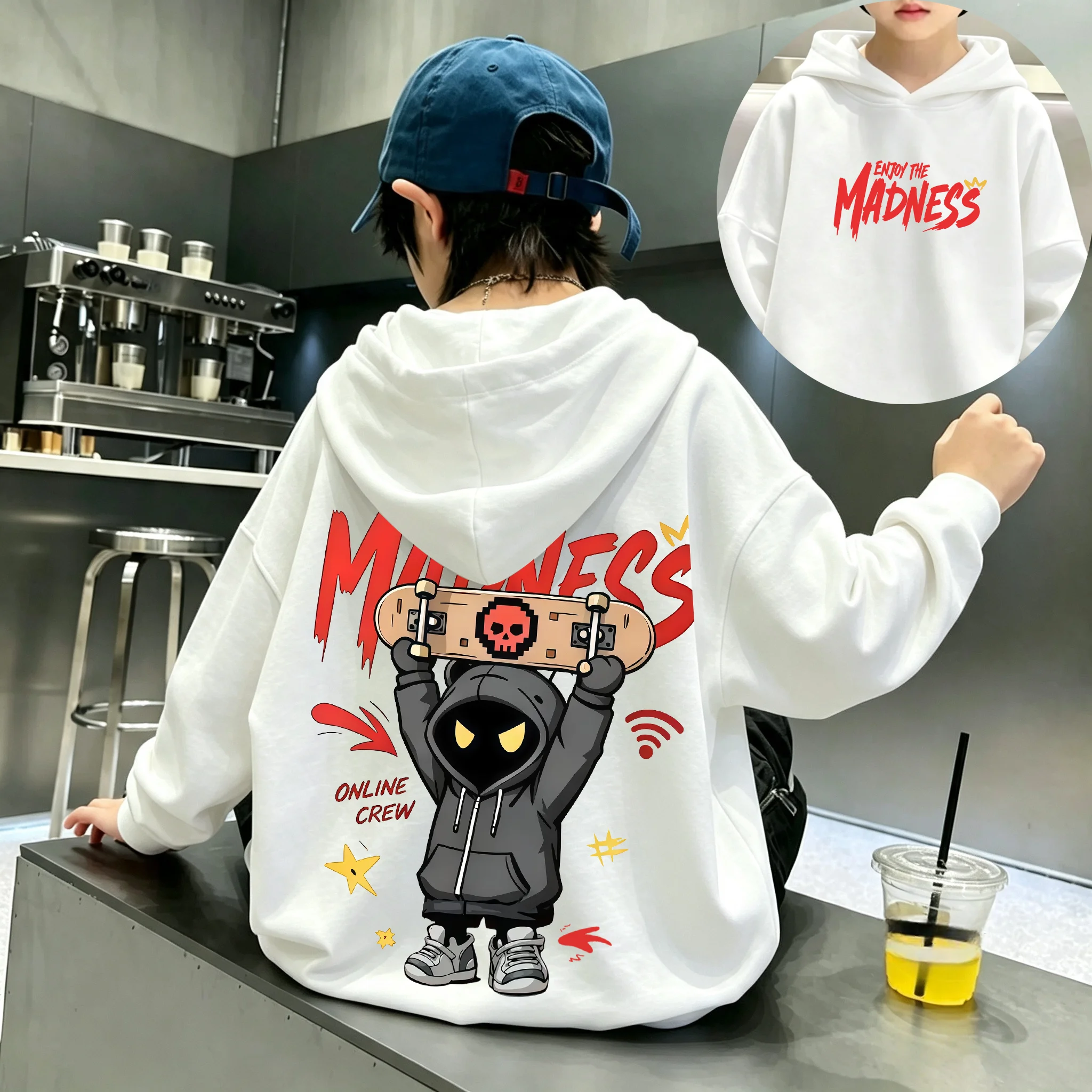 Autumn/Winter Children's Hooded Sweatshirt with Cool Furry Bear Pattern and Skateboard Print Soft Sporty Pullover Sweater