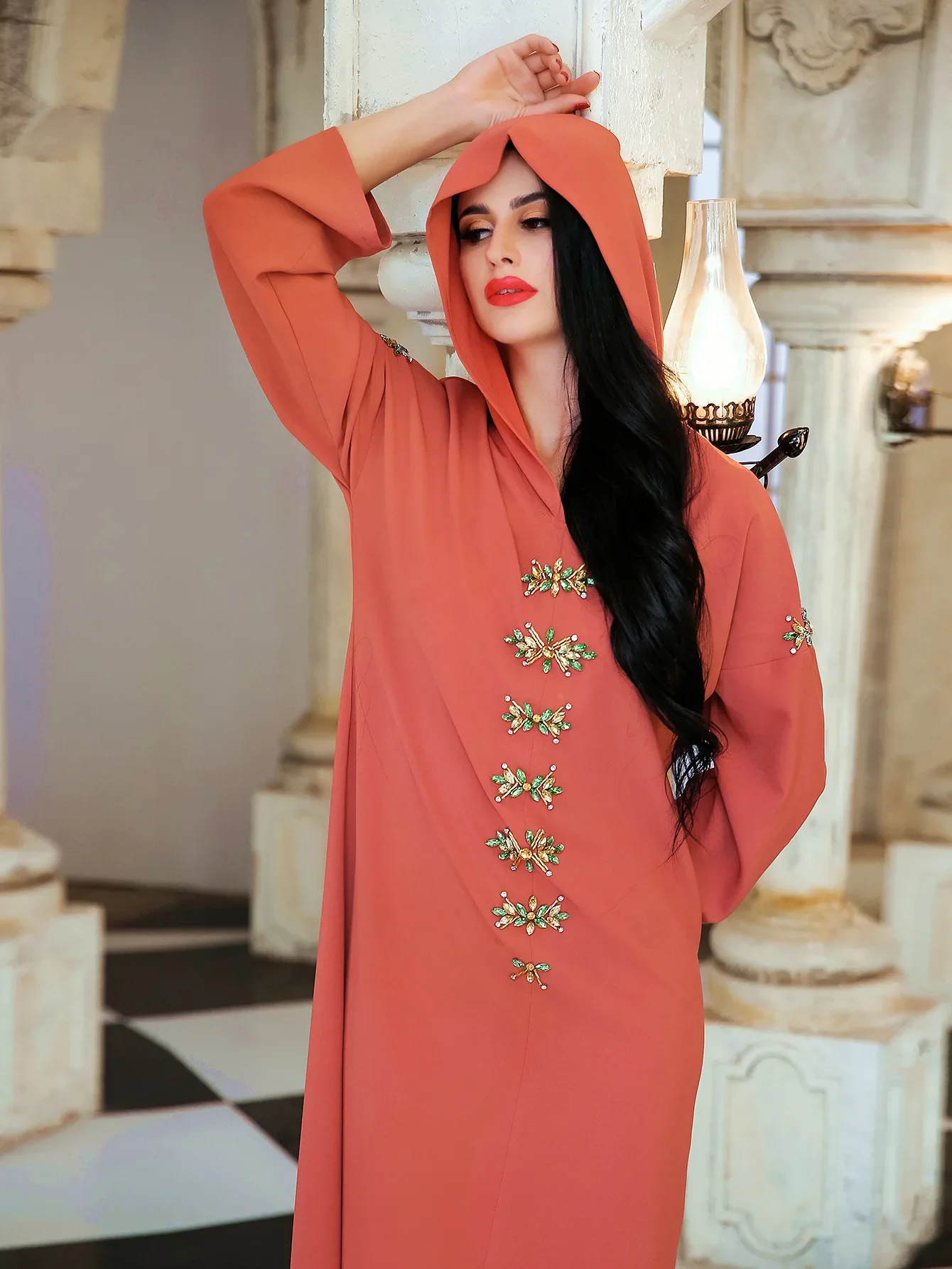 

Muslim Dress Dubai Turkey Islam Clothes Women Abaya Loose Hooded Pullover Hand Stitched Drill Dress Muslim Abaya Women Wear Gown