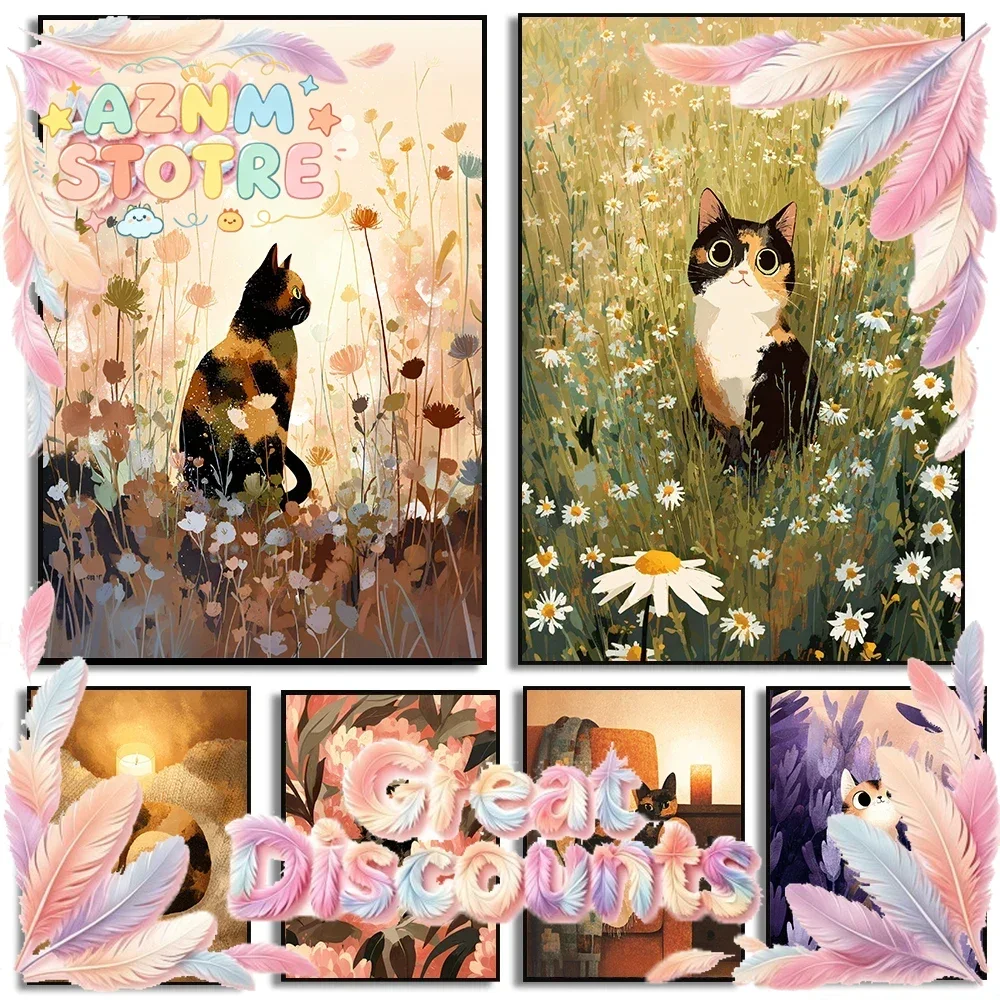 Modern Calico Cat Poster Tortoiseshell Cat Prints Canvas Painting Cozy Whimsical Wall Art Pictures Home Living Room Decoratio