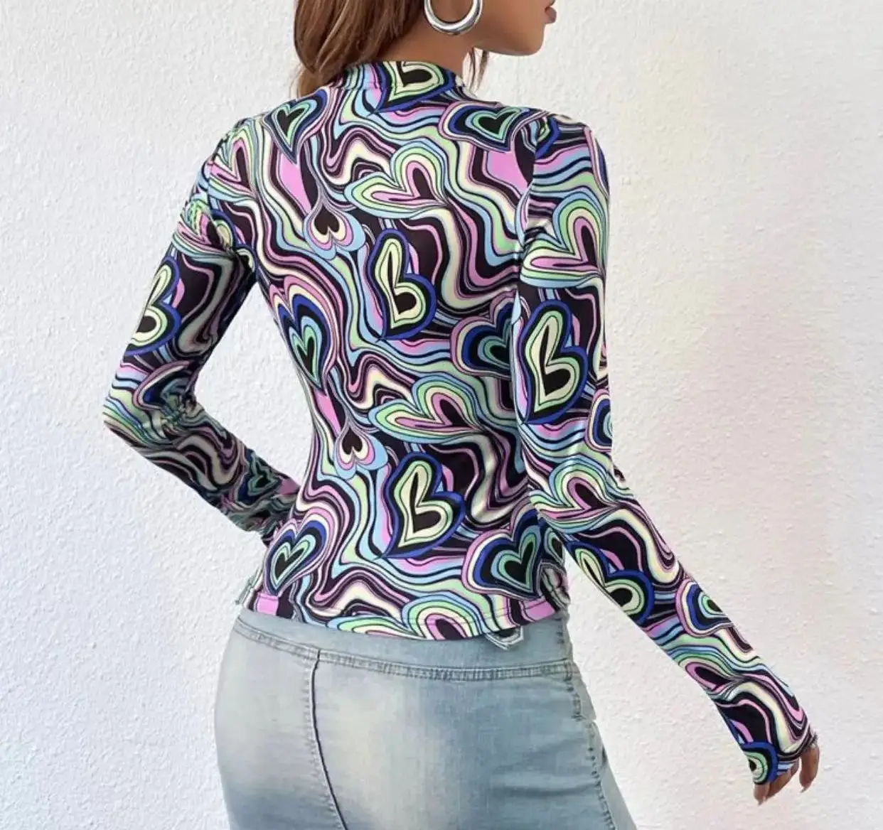 Allover Print Mock Neck Skinny Top  Y2K Long Sleeve T-Shirt For Spring   Fall  Women's Clothing