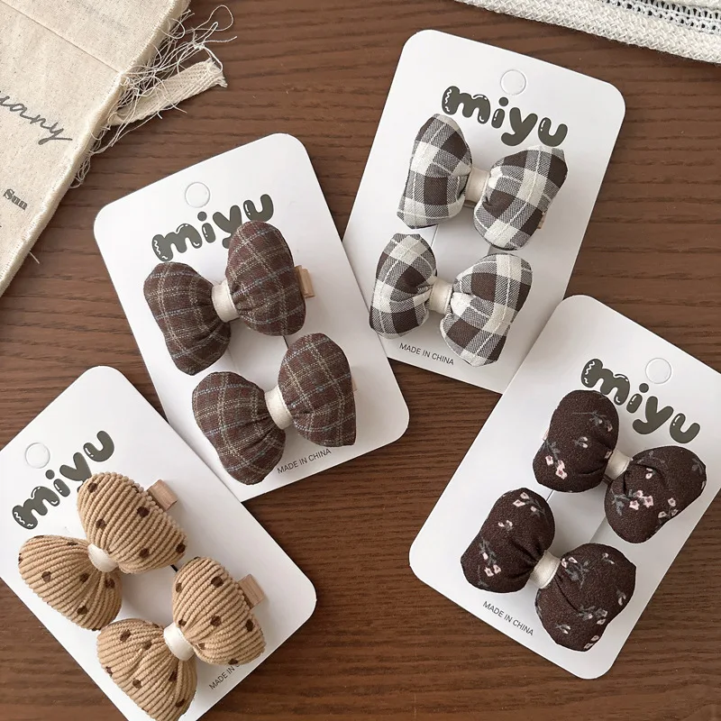 

2pcs/set Korean Plaid Bow Hair Clip for Children Retro Boho Floral Print Autumn Winter Beige Hairpins Soft Fabric Barrettes Set