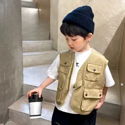 Boy Cargo Vest 2024 Children Handsome Korean Style Vest Coat Baby Boys and Girls Spring Dress Foreign Style Vest Boy Coats