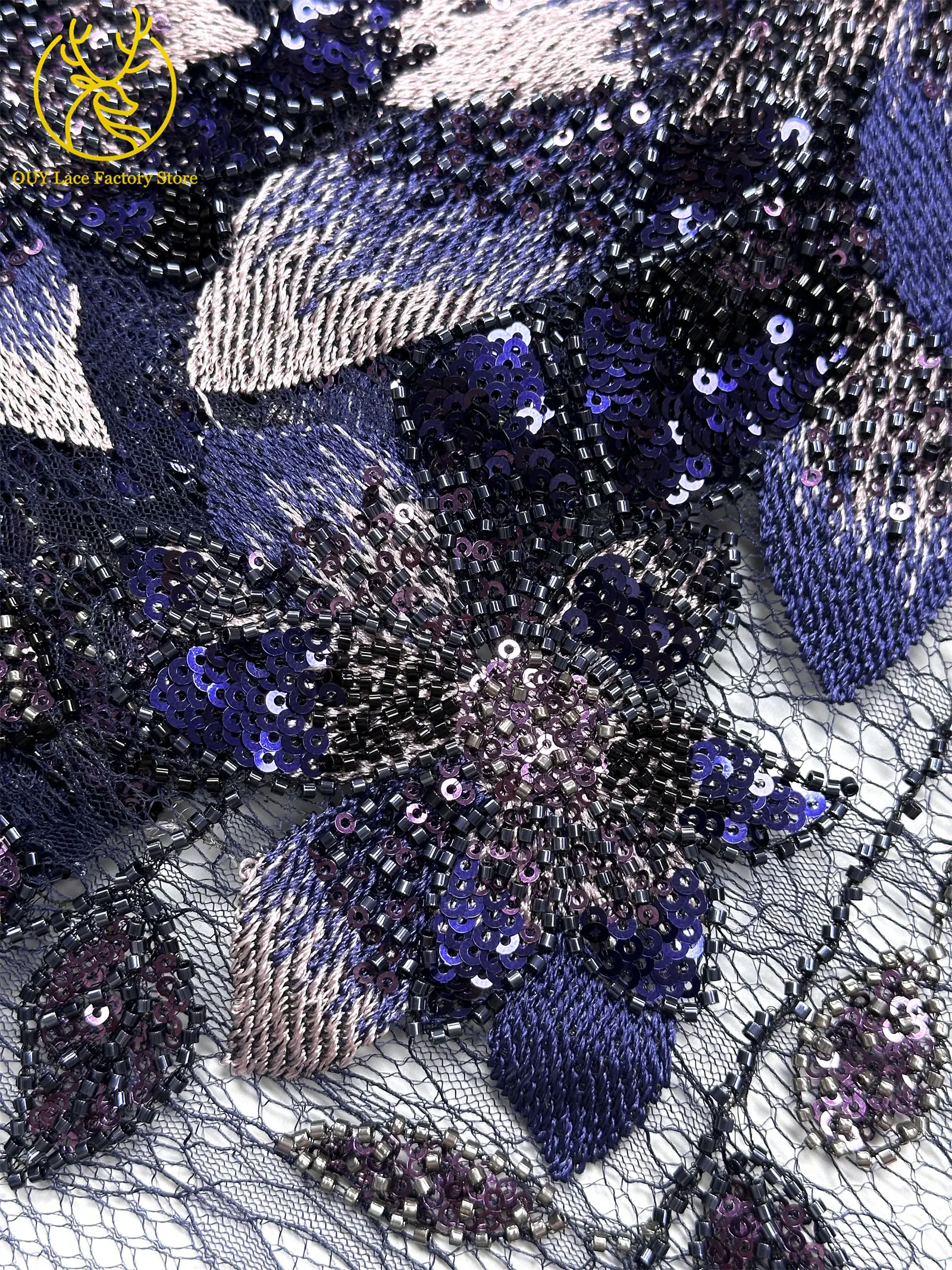 3D-Stickerei-Blattapplikation mit Pailletten, Röhrenperlen und Spitze, hochwertiger französischer Tüllspitzenstoff für Hochzeitskleider, Brautkleider und Partykleider zum Nähen. – Detail 19