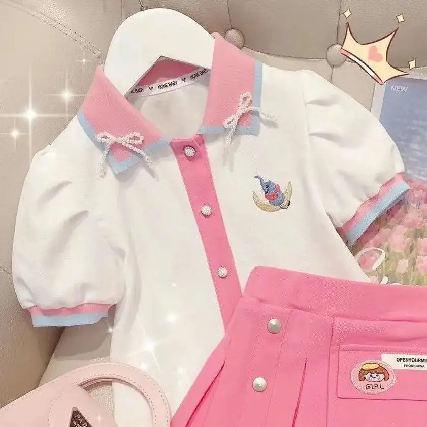 Retail New Baby Girls Korea Summer Sets, Polo T-shirt + Shorts. Fashion suits Girl 4-9 T