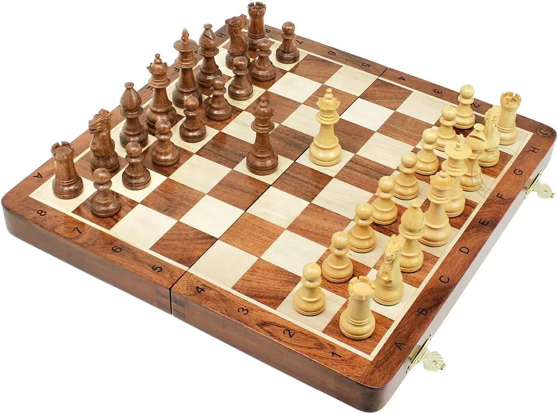 

Victorian Staunton Golden Acacia Wood Chess Set, 14' Folding Board with Algebraic Notation, 3' King Height, 2 Extra Queens