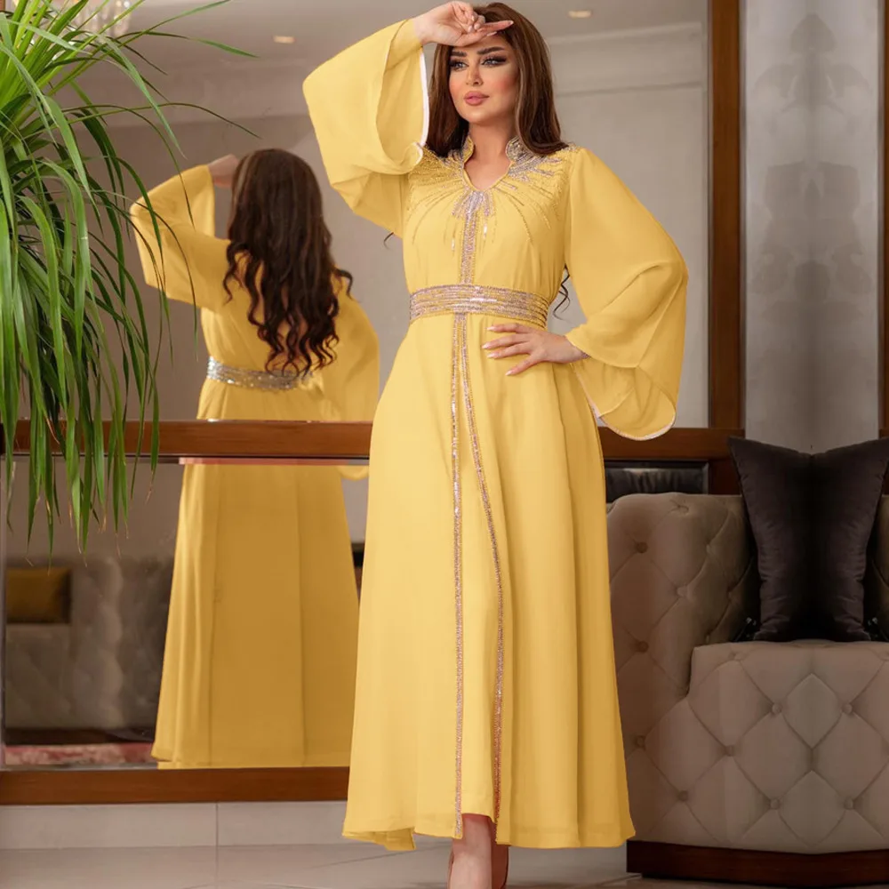 

Women Fashion Hot Diamond Chiffon Dress With Belt Elegant V-neck Turkish Abaya For Women Arabian Gown Moroccan Caftan Royal 2024