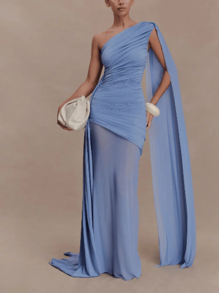 

AW New Blue One Shoulder Maxi Dress Ruched Bodycon Sheer Overlay Cape Sleeve Formal Evening Gala Wedding Guest Fashion Dresses