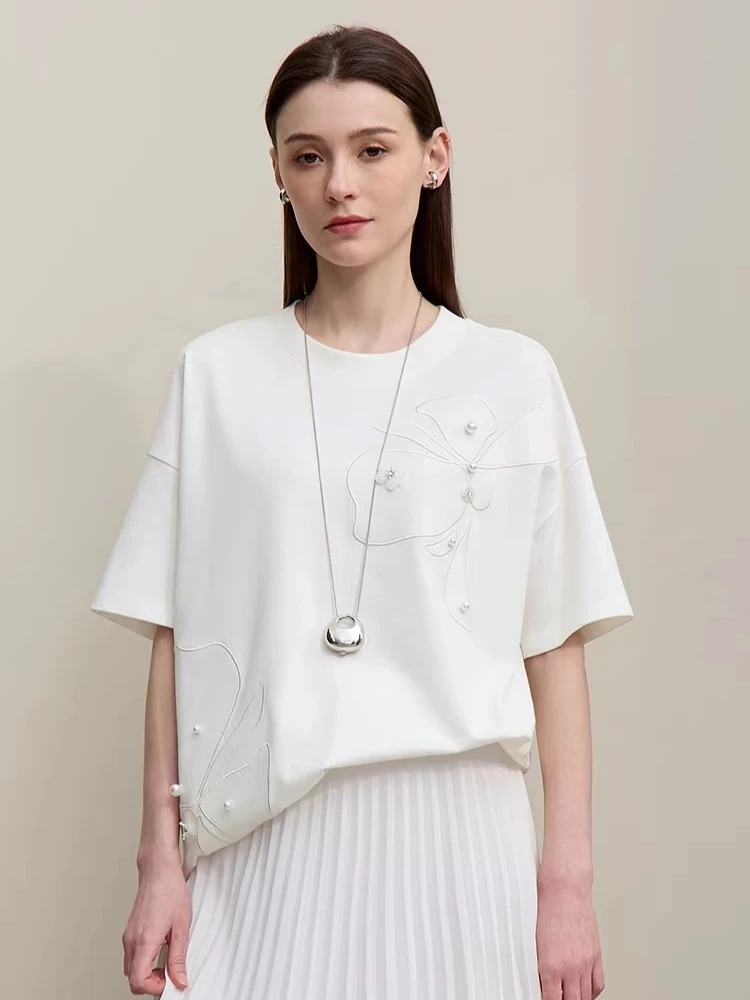 

Amii Women's T-Shirt 2026 Summer New Round Neck Drop Shoulder 100% Cotton Tee Loose Fit Embroidered Short-sleeve Tops 12642018