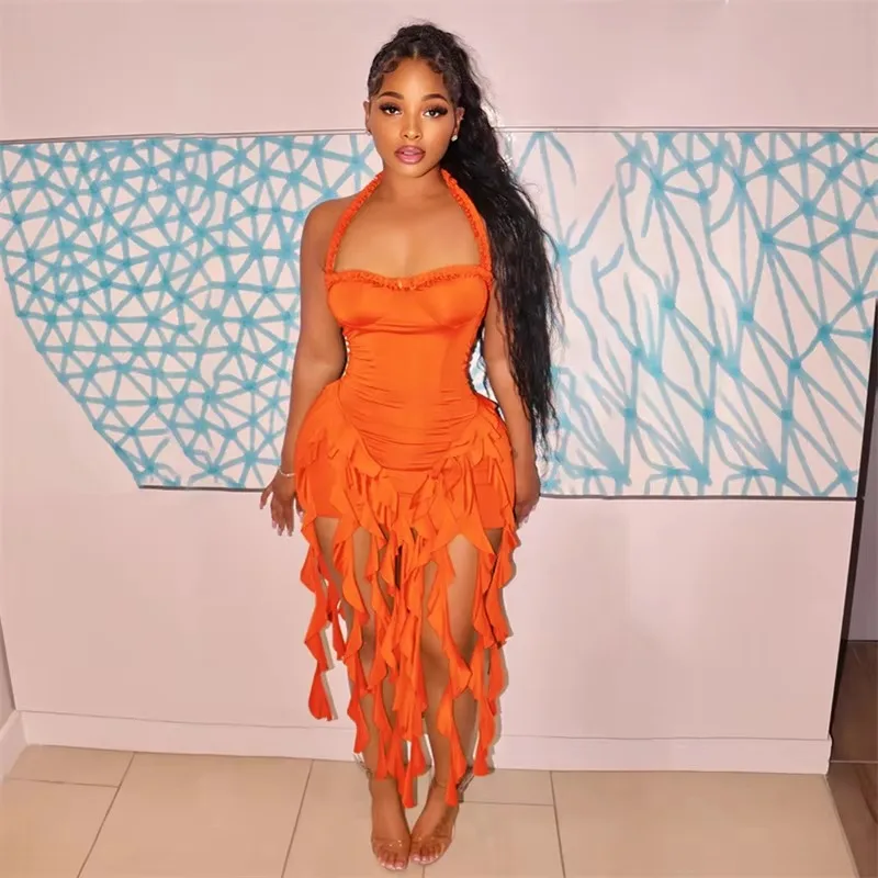 Solid Elegant Halter Backless ชุดวันเกิดสําหรับผู้หญิงเซ็กซี่ไม่สม่ําเสมอพู่ไนท์คลับมินิเดรส Robes