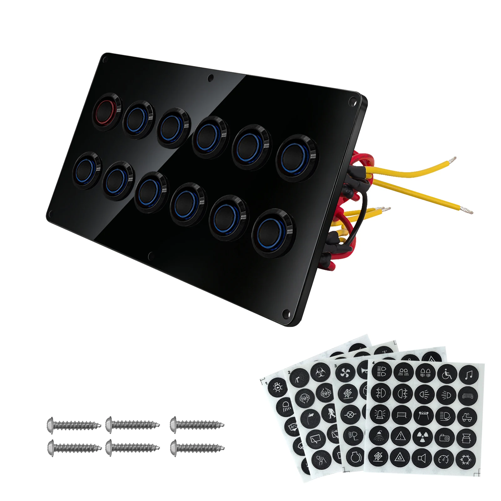 12V 24V 12 Gang Marine Switch Panel Waterproof Acrylic Push Button LED Fuse Circuit Breaker Pre-Wired for Boat RV Car Jeep Yacht
