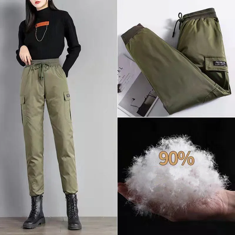 

2023 New Down Pants Wear In Winter Fashion Plush Thickened Loose Harun Women's Elastic Strap Warm Pants Trousers Women