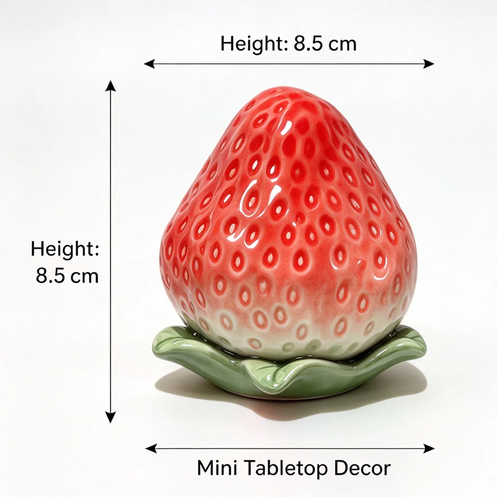 Strawberry Shaped Ceramic Ornament, Cute Fruit Style Tabletop Decor, Small Porcelain Sculpture for Home Office Shelf Decoration
