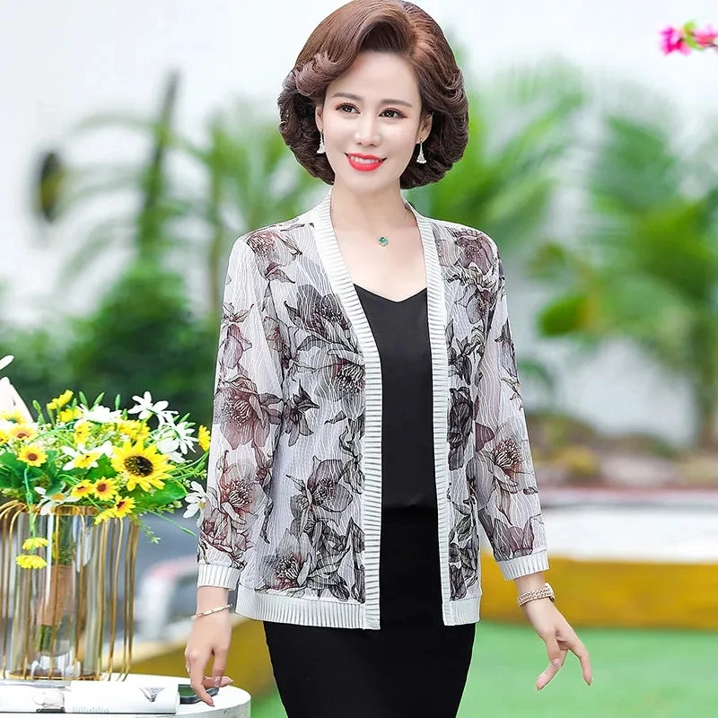 Summer Ladies Printing Sun Protection Clothing Cardigan Thin Coat Loose Long Sleeves Breathable Mesh Female Short Jacket 5XL