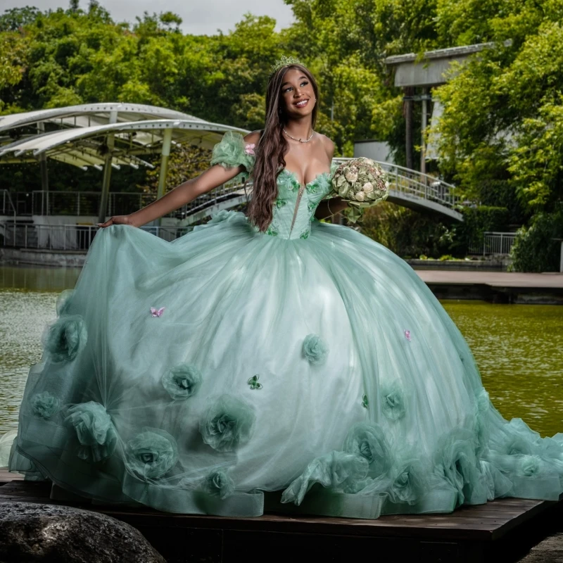 

Green Quinceanera Dresses Ball Gown Off The Shoulder Bow Flower Beads Tull Corset Sweet 16 Dress Vestidos 15 De Anos