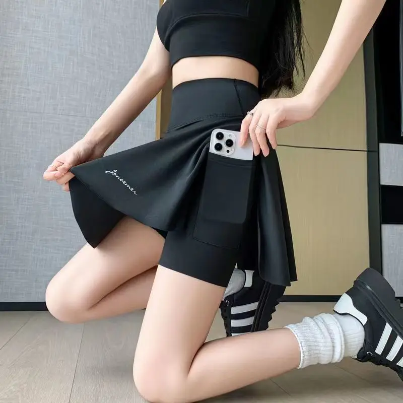 Summer Simple Solid-Color Women's Sports Short Skirt High-Waisted Elasticity Quick-Drying One-Piece Fake Two Shorts
