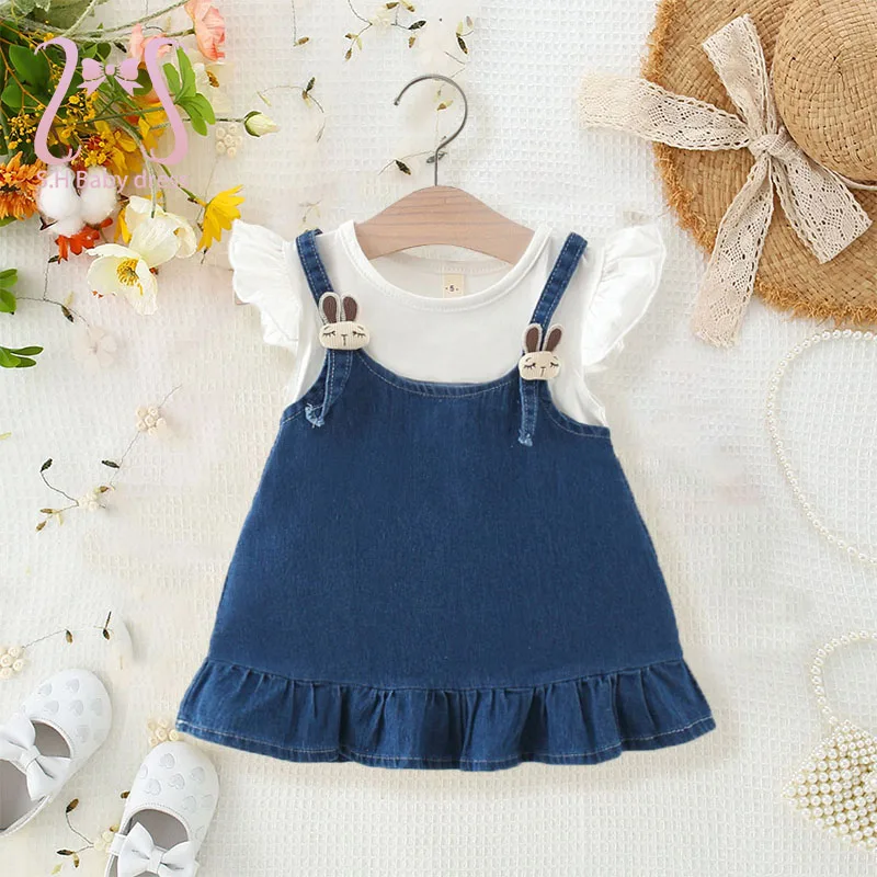 Fashion Baby Girl Daily Wear Summer Simple Newborn Cartoon Rabbit Imitation Denim Infant Children's Clothes 0-4 Y Toddler Outfit